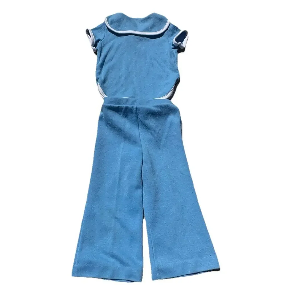 Vintage 1970s AILEEN Two Piece Outfit Blue Nautical Bell Bottom Pants Sz 3